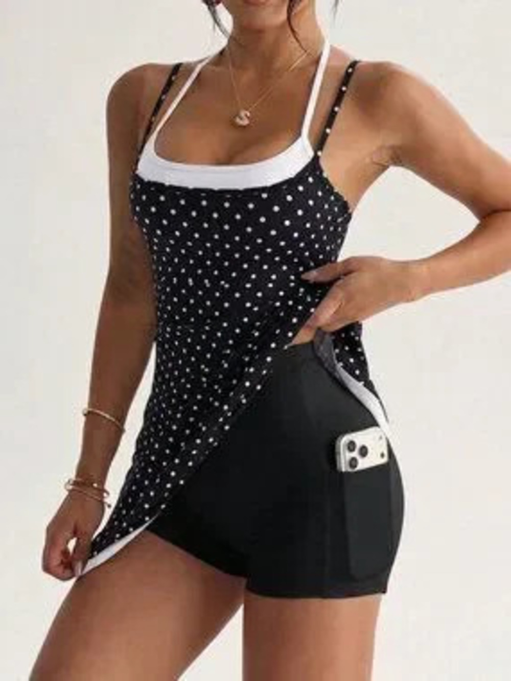 Black Sports Women's Polka Dot Dress with Detachable Shorts, Halter Neck